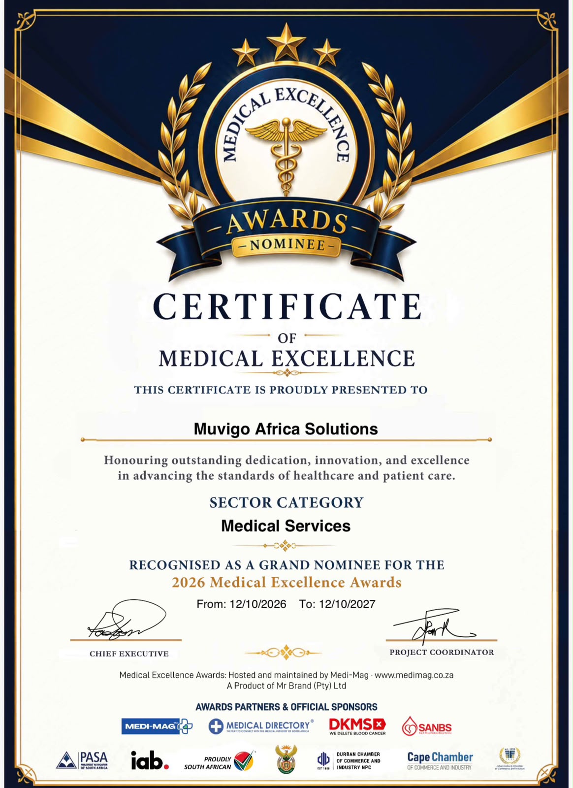 Muvigo Africa Solutions 2026 Medical Excellence Awards Grand Nominee Certificate